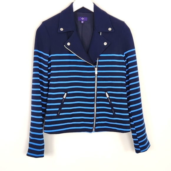 NYDJ Women's Blue Striped Jacket Ponte Zip Moto-Style XS Style # S5S0176 - Picture 1 of 9